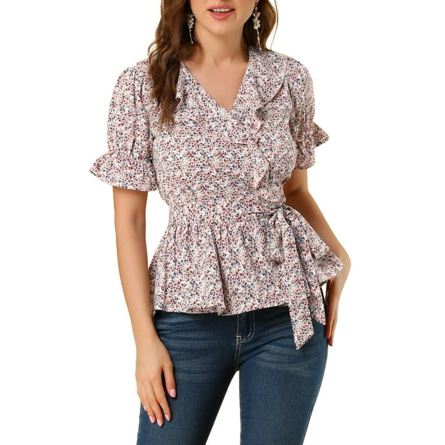 INSPIRE CHIC Women's Sweet Fruit Crossover V Neck Short Sleeves Ruffle Wrap Blouse