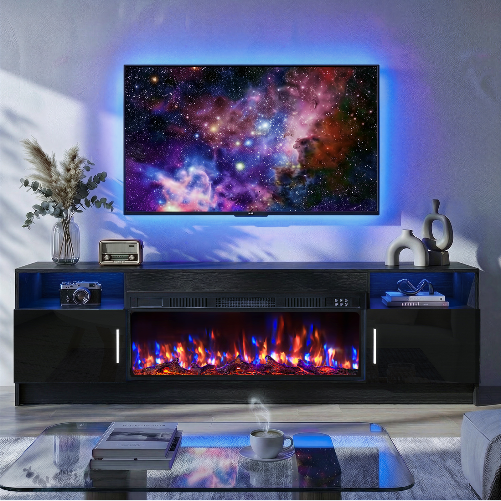 Flictozena 70" TV Stand with 36-Inch Electric Fireplace, Adjustable LED Lights & Storage | Fits TVs Up to 80 Inches | Modern Entertainment Center with Glossy Black Doors