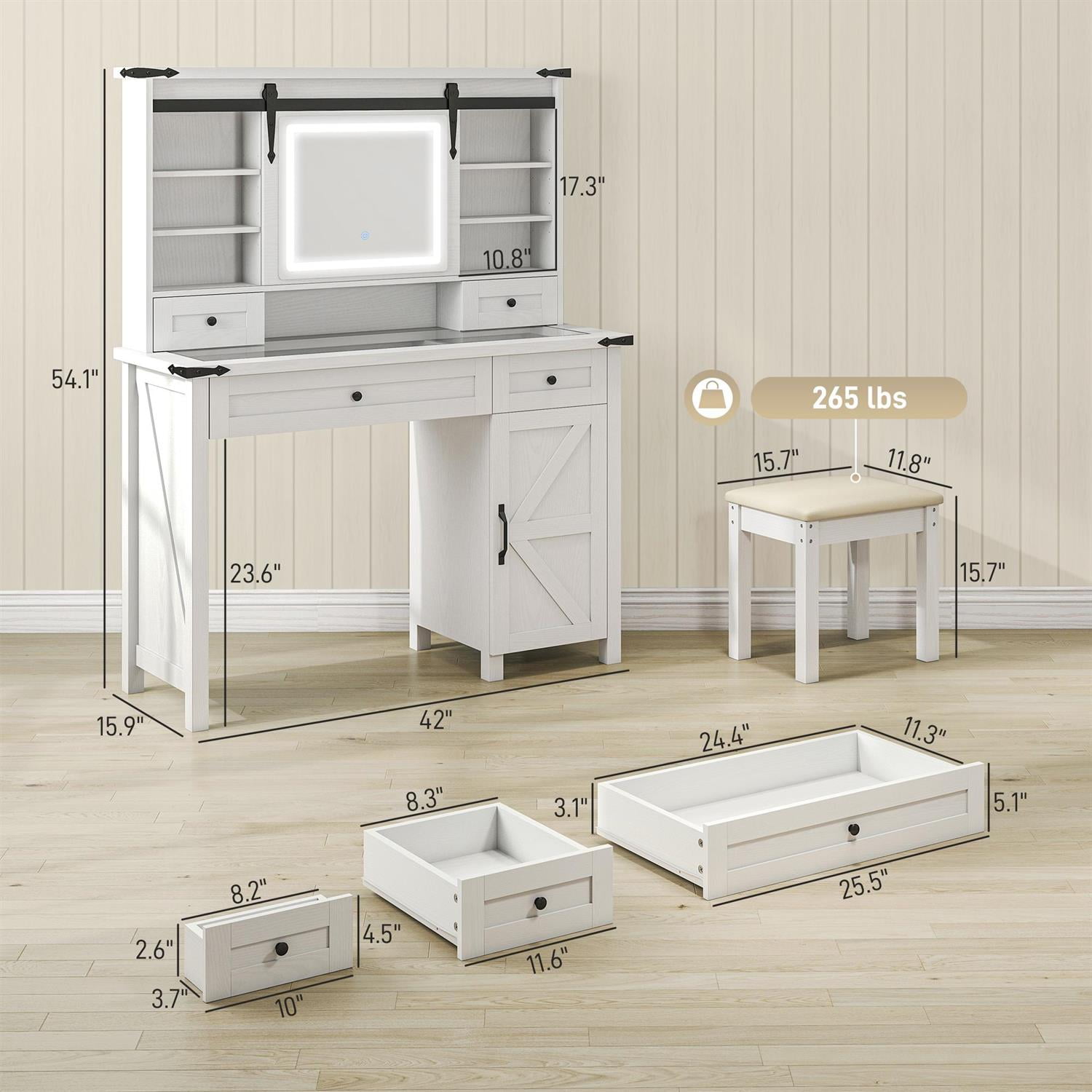Demi Bonn 54" Modern Vanity Set with Mirror, Lights & Cushioned Stool, Storage Drawer, Cabinet & Shelves for Bedroom, White