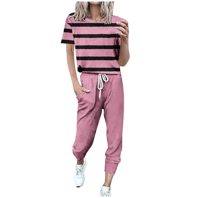 UPPADA Ensemble Détente 2 Pcs pour Femmes, Chandail à Manches Longues à Col Ras du Cou à Rayures et Pantalon de Jogging, Tenue Deux Pièces, Ensemble de Détente Pyjama, Pantalon de Survêtement, Ensemble de Sport avec Poches, Rose, m