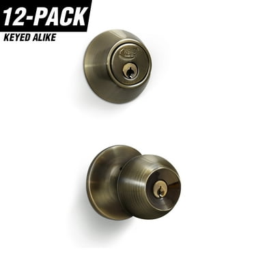 Antique Brass Entry Lock Set Door Knob & Deadbolt Keyed Alike SC1 Keyway (Set of 12). 72 Total Keys, Keyed Alike by Set