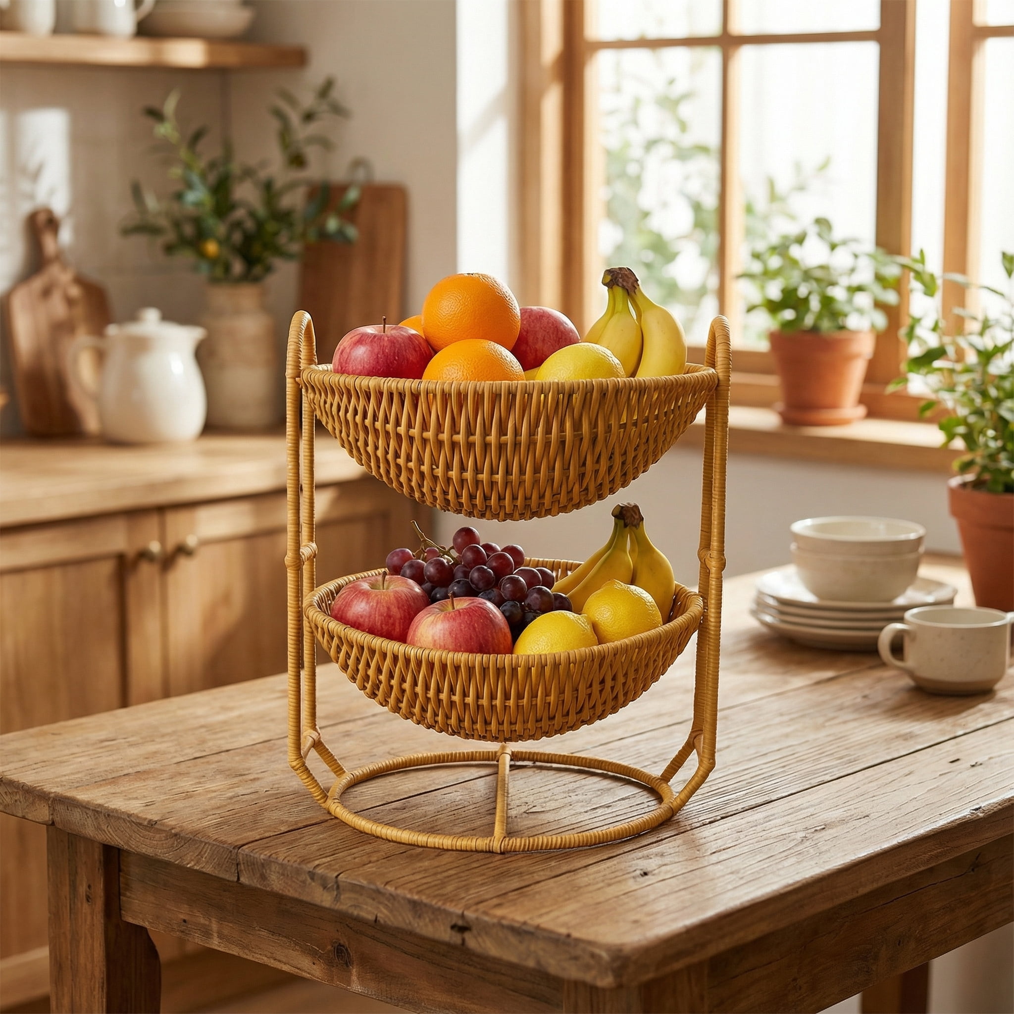 Handles Rattan Fruit Storage Basket, Beige Japanese
