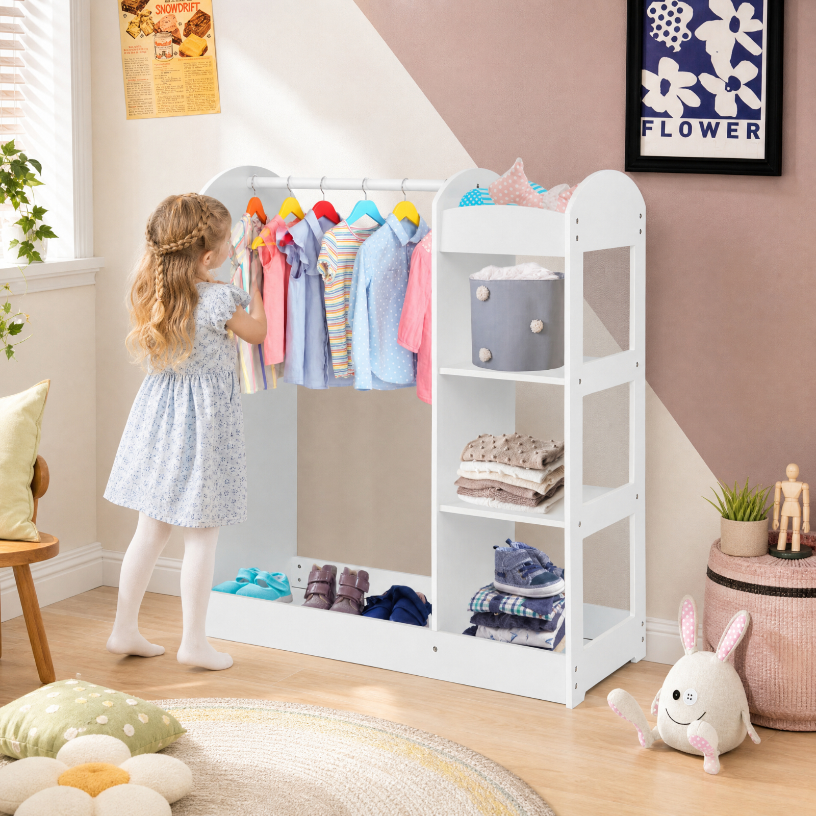 Furnibear Kids Dress Up Storage with Mirror, Costume Wardrobe Closet Organizer with Hanging Rod and Open Shelves for Kids Bedroom Playroom, White