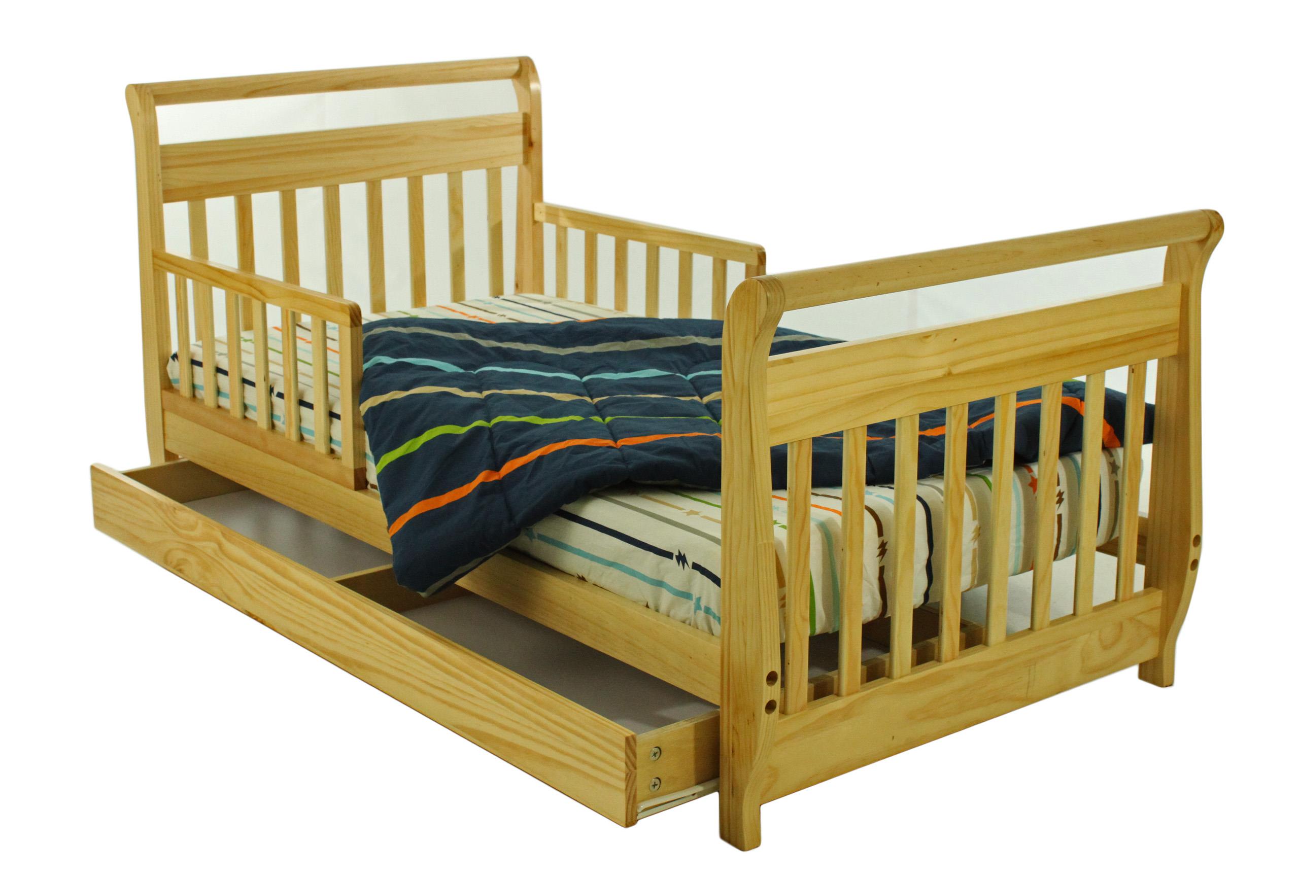 Dream On Me Sleigh Toddler Bed with Storage Drawer in Natural