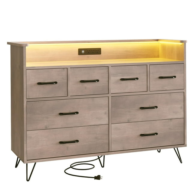 BeesClover Commode Moderne à 8 Tiroirs avec Lumières DEL, Station de Recharge Intégrée, Grand Rangement, Dimensions 49.08 Pouces x 16.73 Pouces x 35.43 Pouces, Parfaite pour la Chambre, le Salon et l'Entrée