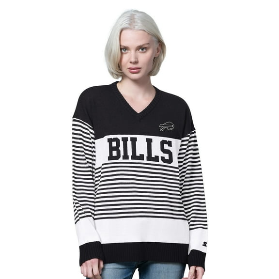 Women's Starter Black Buffalo Bills No Huddle Striped V-Neck Sweater