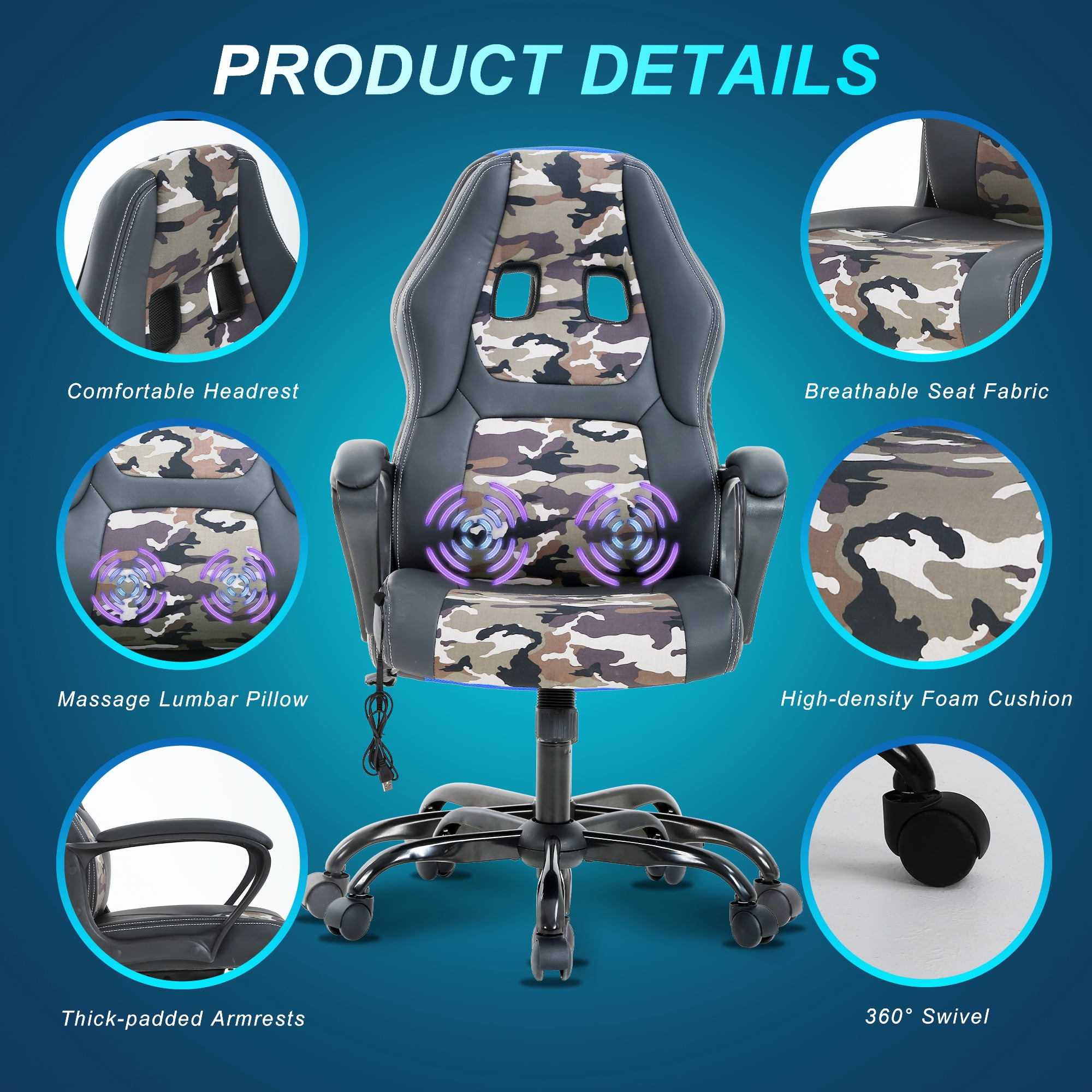 YRLLENSDAN Massage Gaming Chair Video Game for Adults, PU Leather Computer Chair with Arms & Massaging Back Ergonomic High-Back Video Game Chair for Men Women, Camo