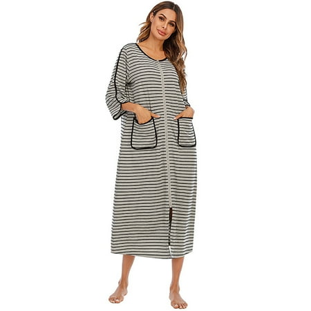 

Autumn Winter Women Nightgowns Home Service Comfortable Loose Seven-point Sleeve Striped Sleeping Dress with Pockets Gray S