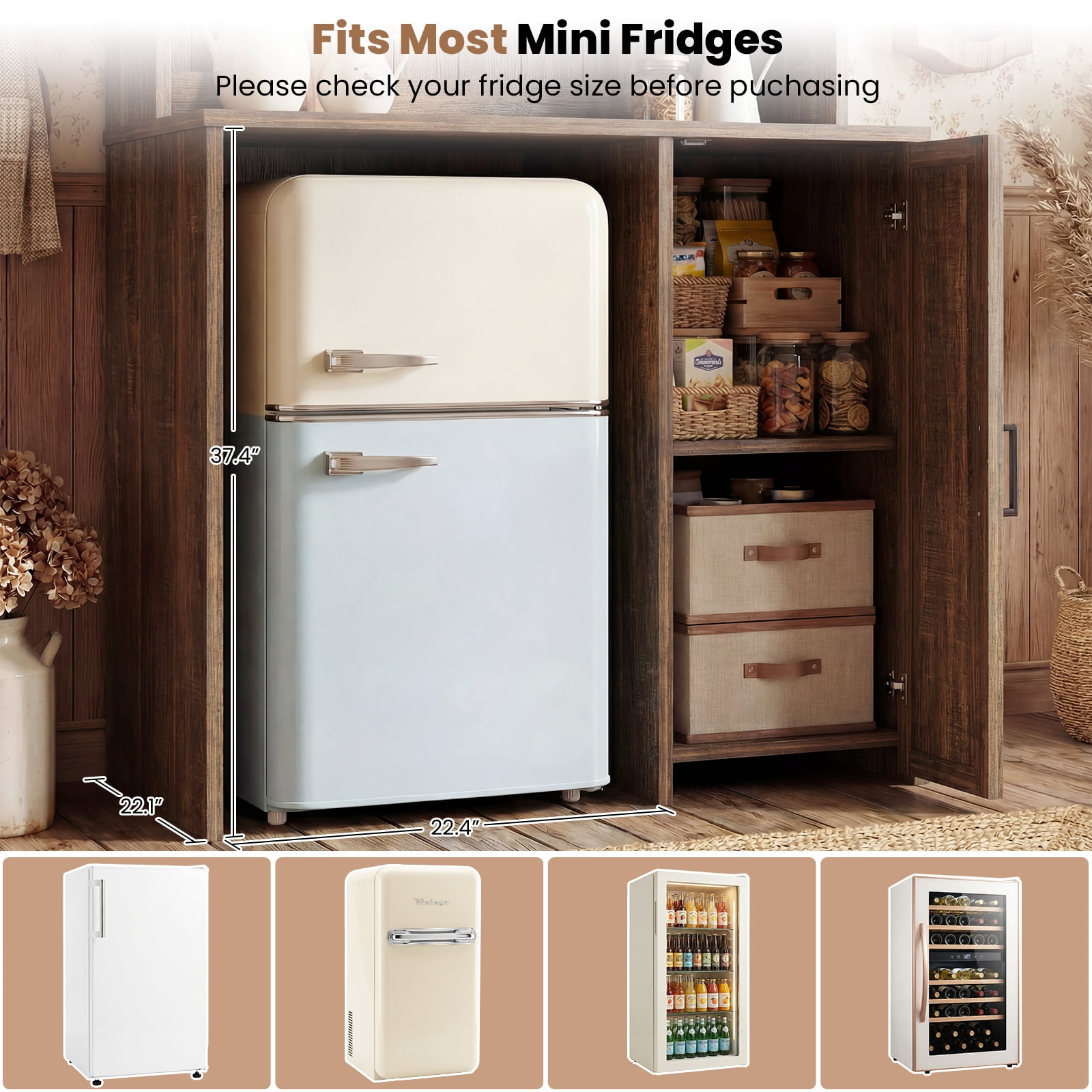 Aheaplus Multifunctional Mini Fridge Cabinet: Coffee Bar, Wine Stand & Beverage Station with Outlet, LED Light & Microwave Shelf, for Kitchen, Dorm, Office,Brown