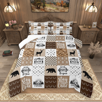 Manfei Wild Moose Deer Full Size Comforter Sets 3-Piece, Rustic Lodge Cabin Farmhouse Bedding Comforter Set, Gray Brown White Plaid Checkered Bedding Sets, Microfiber Bedroom Decor