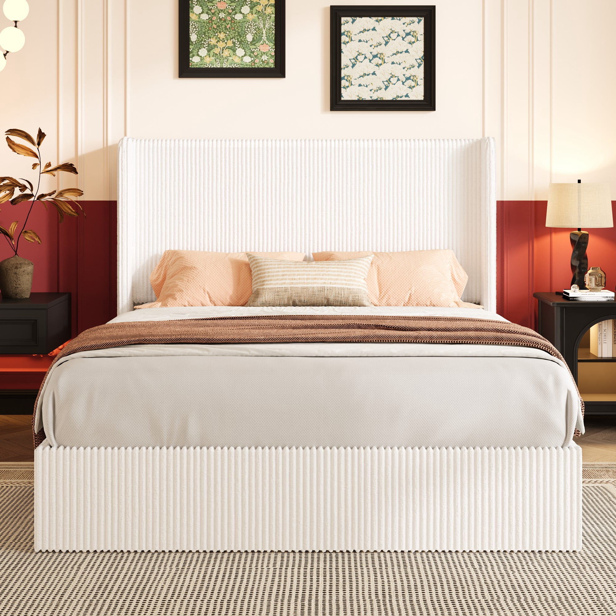 Einfach Queen Size Hydraulic Lift Up Storage Bed Frame, Corduroy Upholstered Wingback Headboard, Ample Under-bed Storage, White