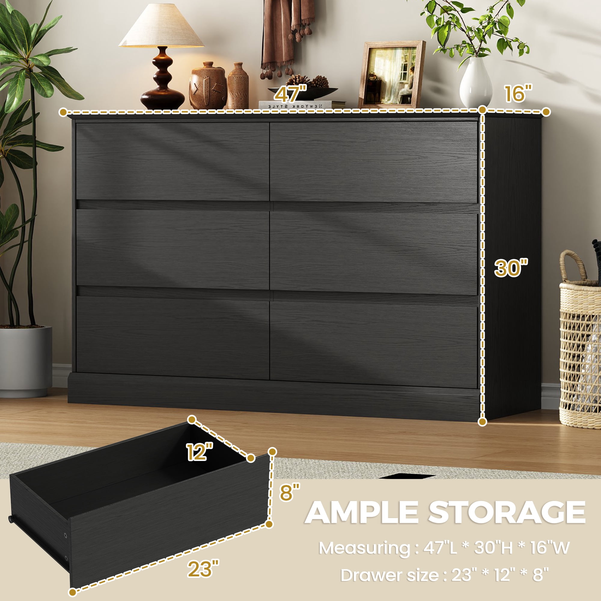 6 Drawer Dresser for Bedroom, White Dresser Double Chest of Drawers, Modern Wood Dressers with Deep Drawers for Living Room,Black