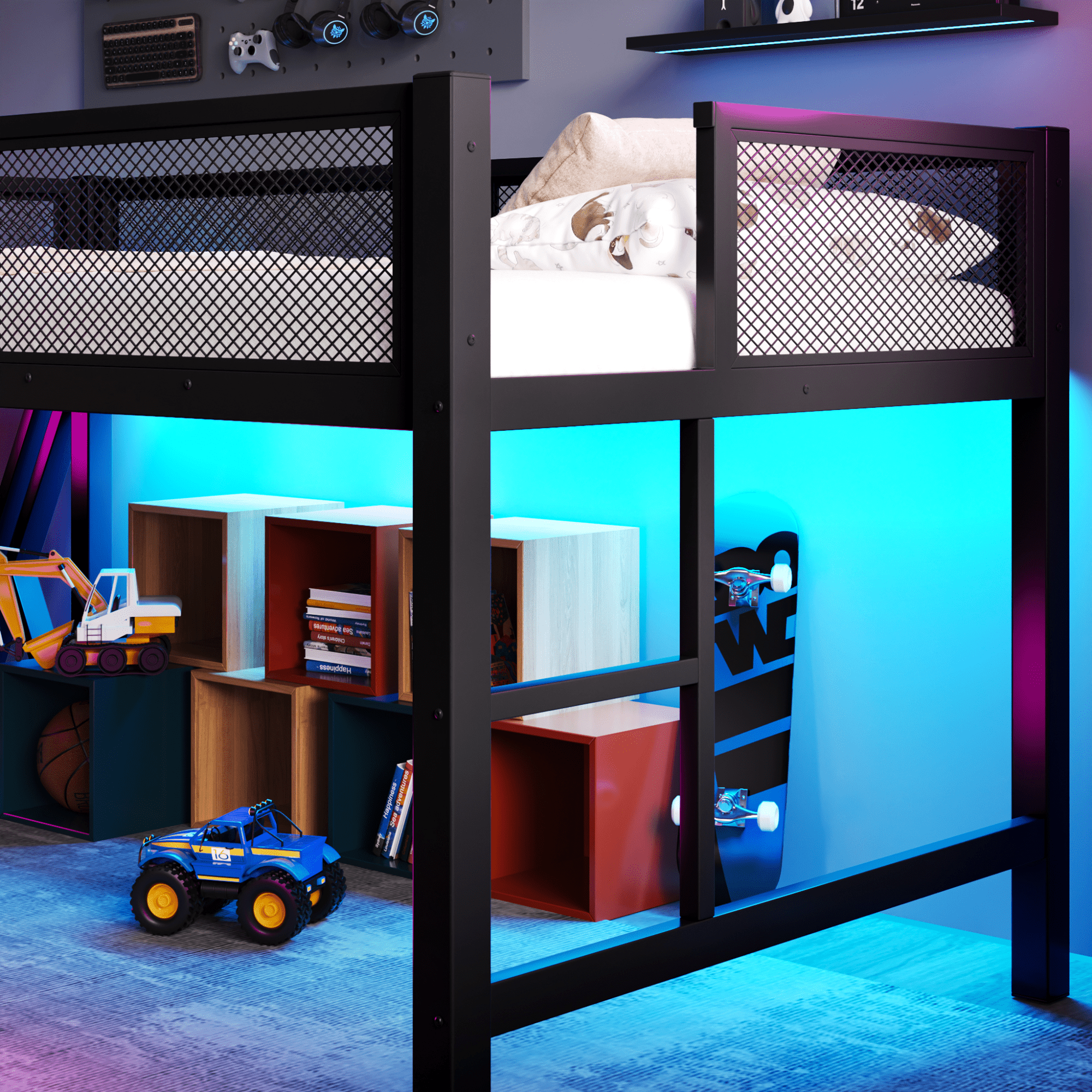Leumius Full Size Loft Bed with Gaming Desk,Metal Loft Bed Frame with Full Length Guardrail,LED Lights and USB Ports,Space-Saving,Black