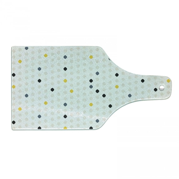 Modern Cutting Board, Modern Geometric Shapes Polka Dot Tear Drop Forms Pattern Graphic Art Print, Tempered Glass Cutting and Serving Board, Wine Bottle Shape, Yellow White Grey, by Ambesonne