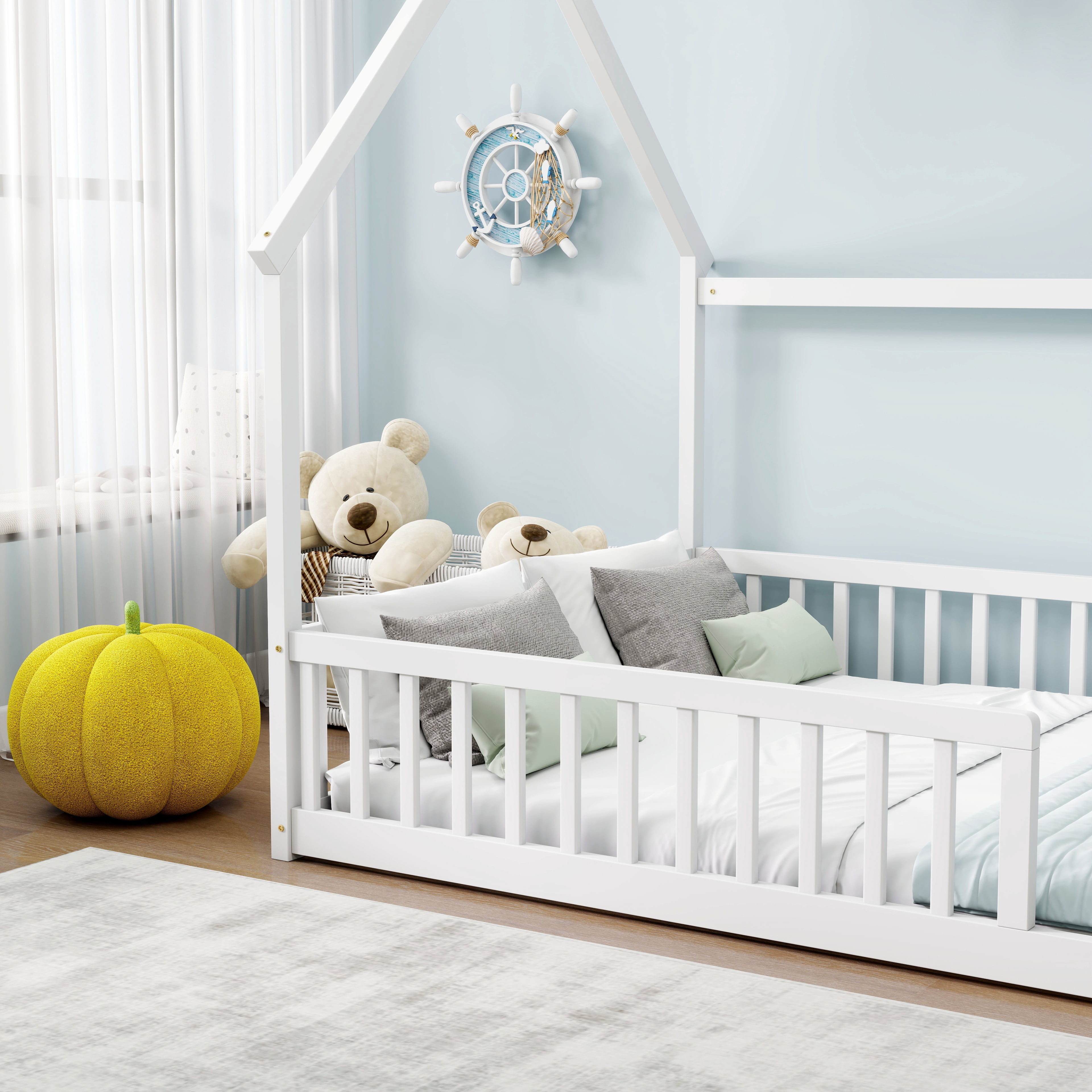 Full Size House Floor Bed with Roof Frame, Pine Wood Floor Bed with Safety Guardrails, White