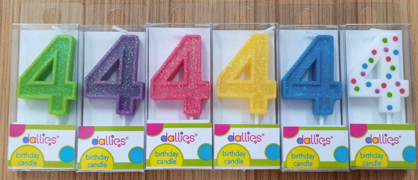 Dallies #4 Birthday Candle W/Pick, Assorted Colors with Polka Dots or Glitter, 1.8 in, 1ct