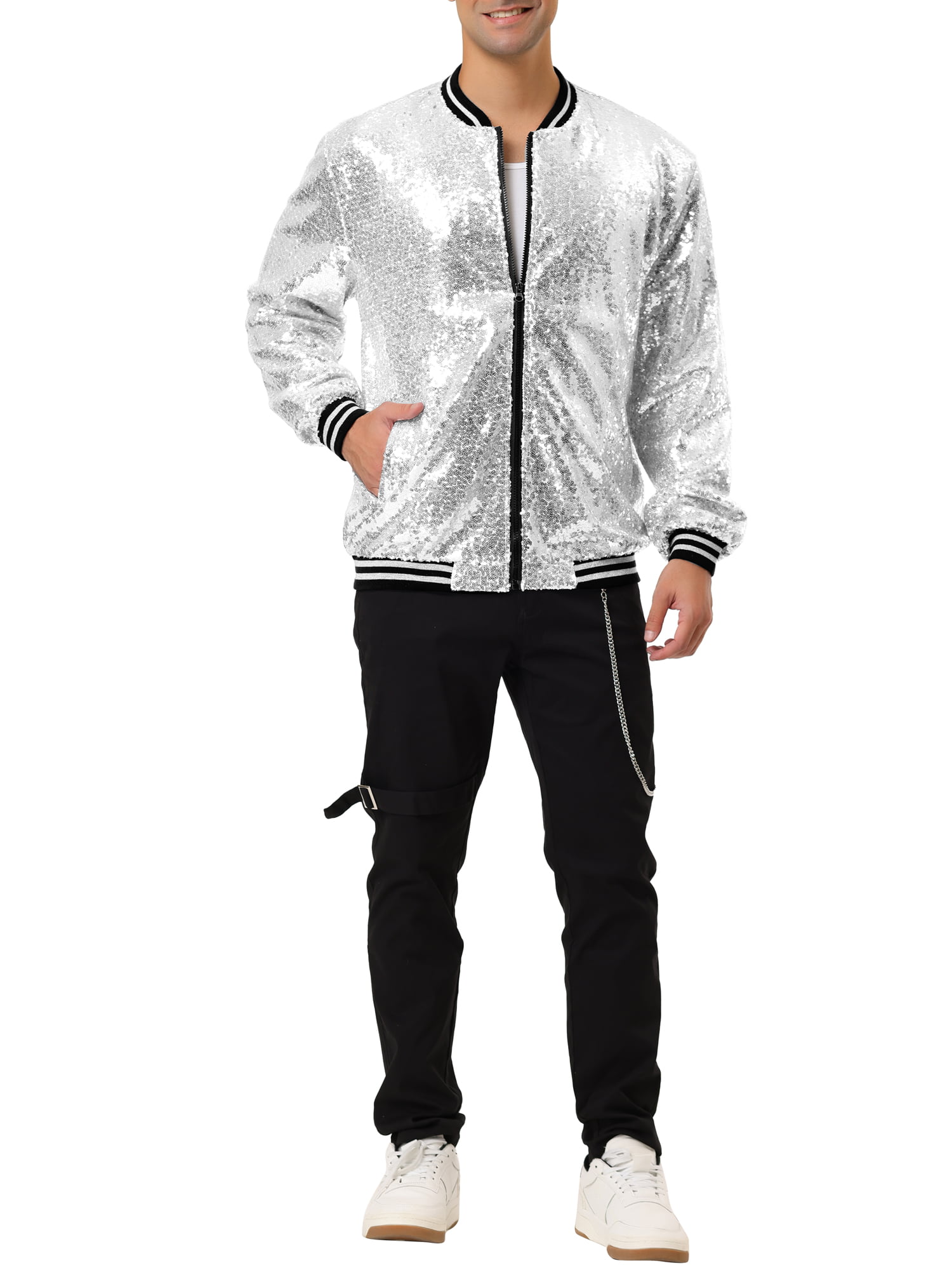 Lars Amadeus Big & Tall Men's Glitter Long Sleeve Zipper up Short Bomber  Jacket
