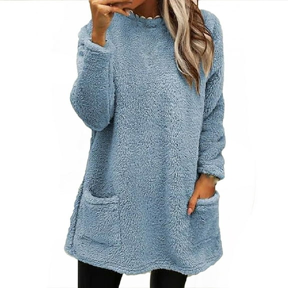 Women's Hoodless Sweatshirt Solid Color Casual Long Sleeved Pocket Dress for Autumn and Winter Warmth