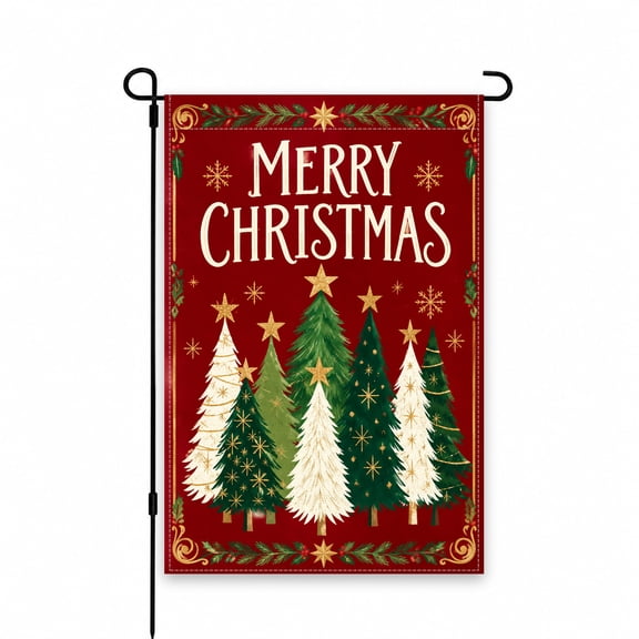 Merry Christmas Garden Flag, 12 x 18 Inch, Festive Red, Green, White with Snowflakes & Starry Trees Design, Perfect for Holiday Yard, Patio, Outdoor Decor