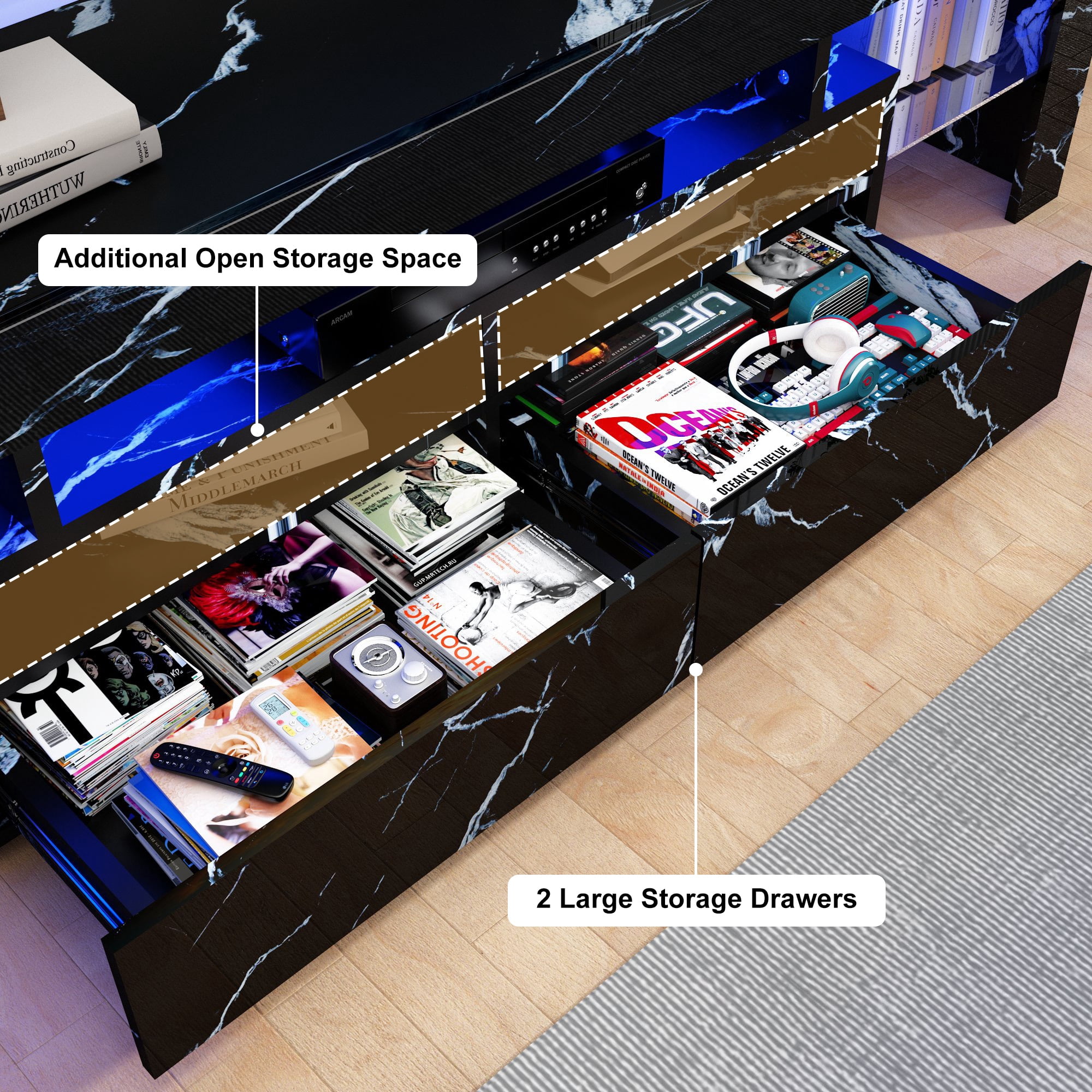 ChVans LED TV Stand for 65/75/85 inch TV, High Glossy Modern Entertainment Center with Drawer and LED Lights