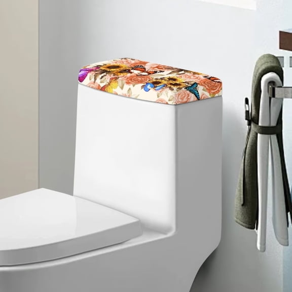 Renewold Toilet Tank Lid Cover Splash and Stain Resistant Toilet Tank Protector Cover Stretchable Suitable for Bathroom, Floral Butterfly Print