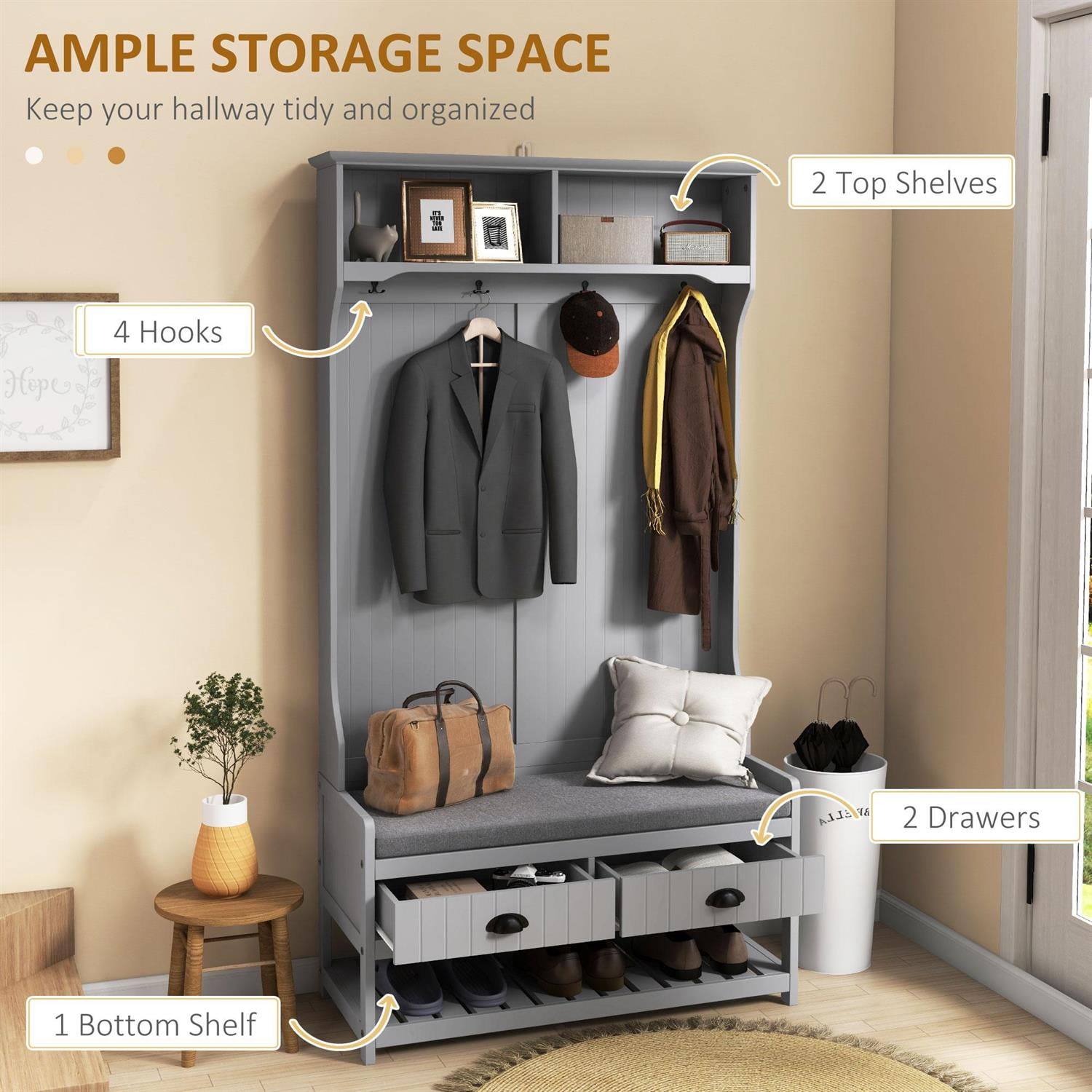 Demi Bonn 67" Hall Tree Bench with Coat Rack and Shoe Storage for Entryway and Mudroom, Padded Seat and Multi-Functional Storage for Hallway, Gray