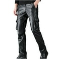 thumbnail image 2 of Puntoco Pantalones casuales con bolsillos de color sólido y gruesos y cálidos para motocicleta de moda para hombres, 2 of 9