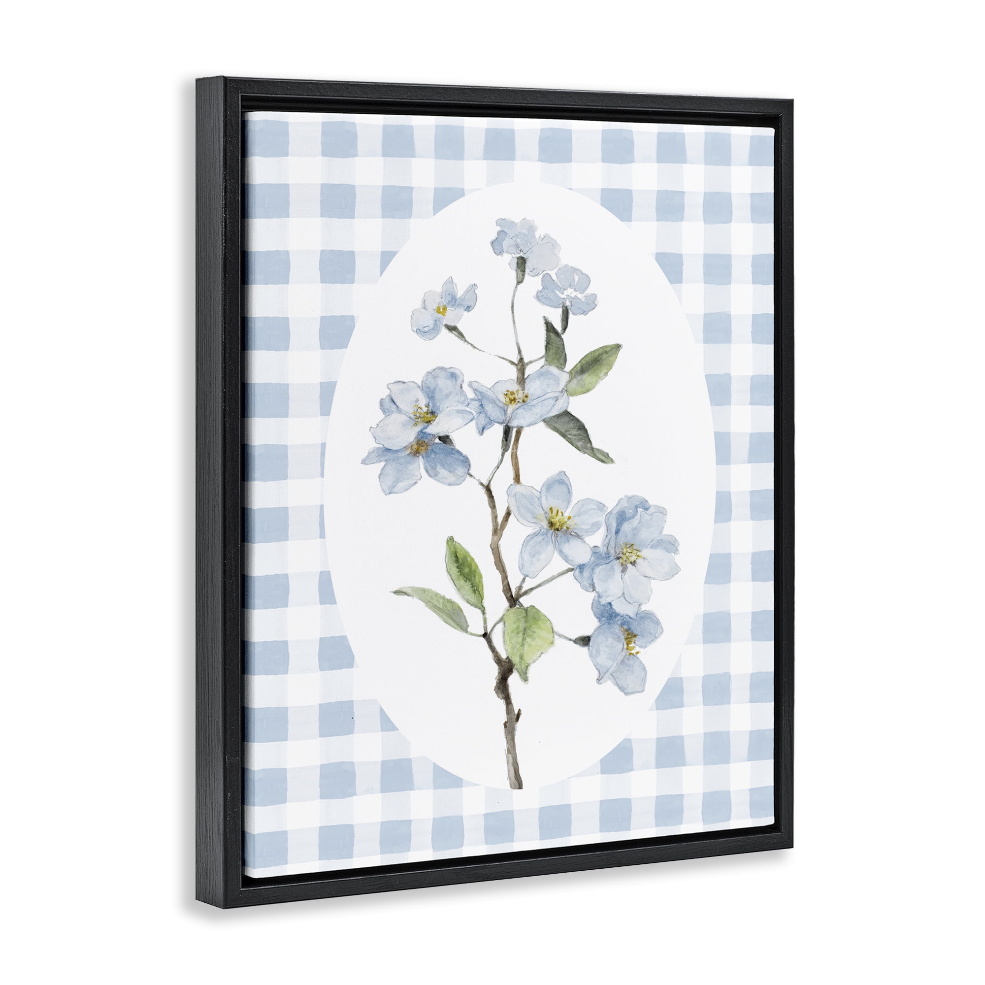 Stupell Industries Blooms on Blue Checkers Black Framed Floater Canvas Wall Art, design by Lanie Loreth