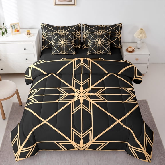 Homewish Teens Bohemian Aztec Twin Bedding Sets 7-Piece, Black Gold Stripe Lines Bedding Comforter Set, Fashion Abstract Ombre Reversible Sheet Sets, Ultra Soft Bedroom Decor