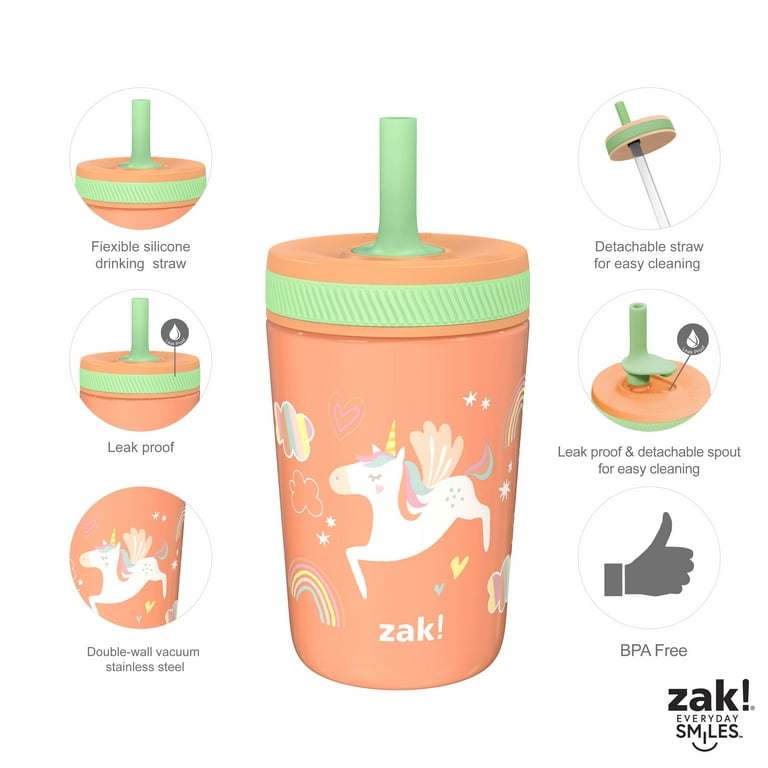  Zak Designs Unicorn Kelso Tumbler Set, Leak-Proof Screw-On Lid  with Straw, Bundle for Kids Includes Plastic and Stainless Steel Cups with  Bonus Sipper, 3pc Set, Non-BPA, 15 fl.oz. : Baby
