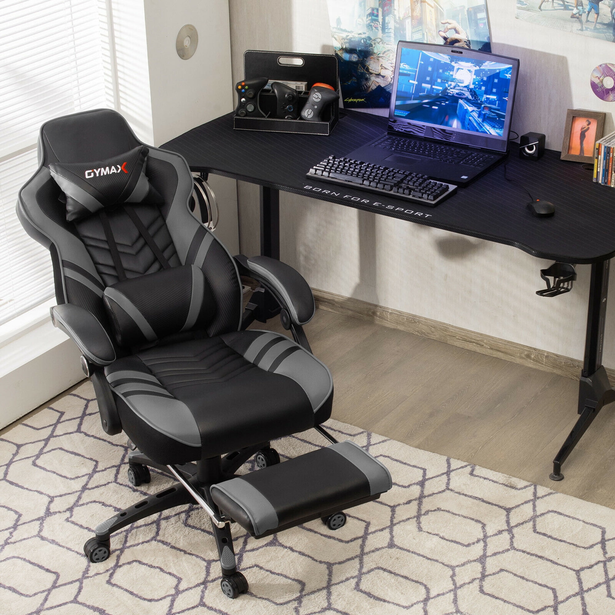 Gymax Office Computer Desk Chair Gaming Chair Adjustable Swivel w/Footrest Grey