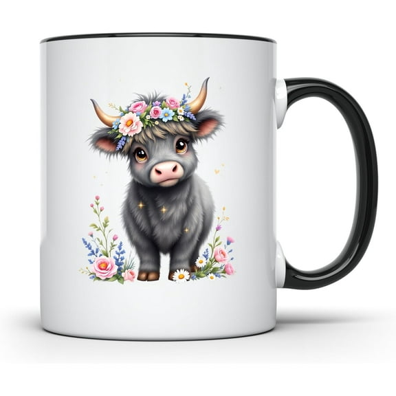 Cute Highland Cow Mug - Adorable Animal Coffee Cup - Floral Highland Cow Ceramic Mug - Fun Animal Lover Idea - Cute Farm Animal Art - 11 Ounce - Enjoy Your Favorite Beverage with Style - CCMUG13302