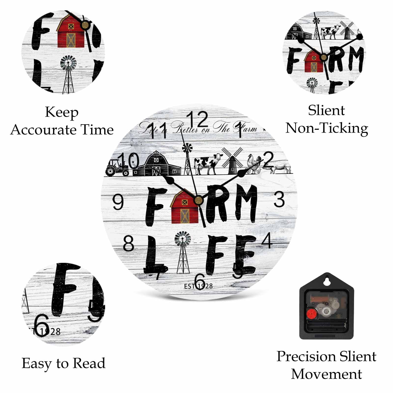 Wall Clock Farm Life Clocks PVC Silent Non-Ticking Battery Operated Decorative Farmhouse Barn Windmill Cow Chicken Tractor Wood Round Clock for Home Living Room Kitchen Bedroom Wall Decor 10 Inch