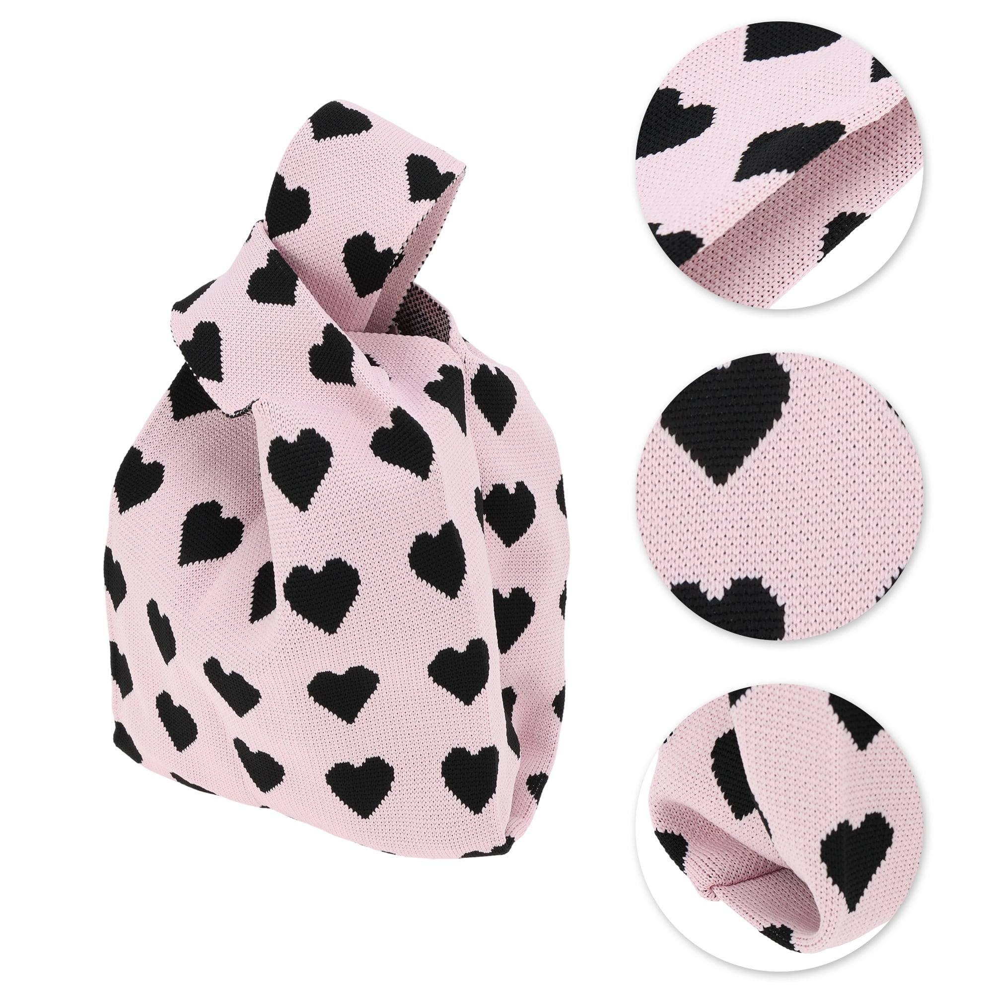 Unique Bargains Hearts Knitted Wrist Bag Black Pink 1 Pc