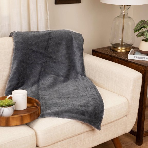 Northlight Plush Embossed Diamonds Faux Fur Throw Blanket - 55" x 62" - Dark Gray
