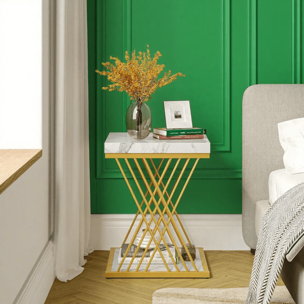 2-Tier Square Side Table with Faux Marble Top, X-Shaped Metal Frame, Compact Dual-Shelf Design for Living Room/Bedroom/Small Spaces