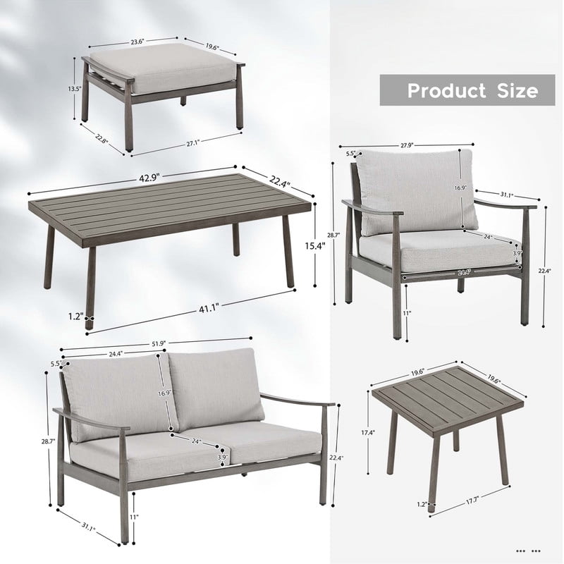 7 Piece Aluminum Patio Furniture Set, Outdoor Armchair with Loveseat, All-Weather Outdoor Sectional Sofa with Side Table and Coffee Table