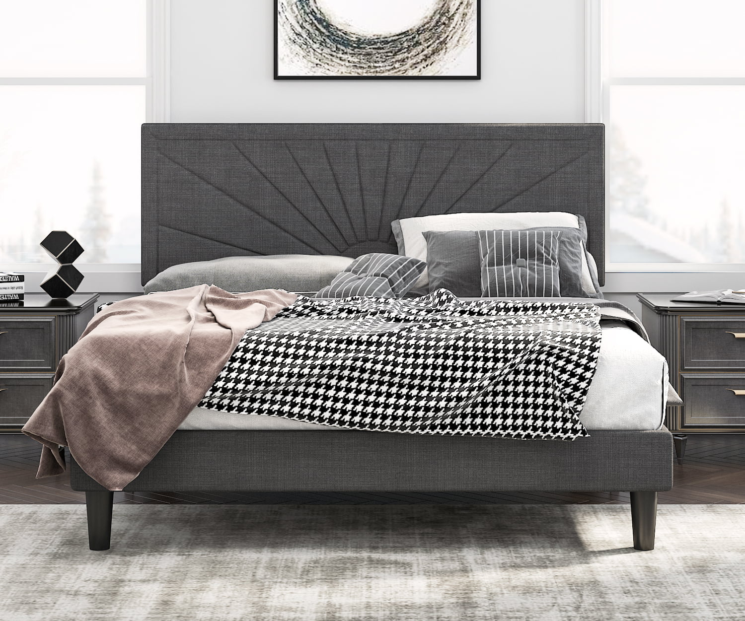 Upholstered Platform Bed Frame, Grey Full Size Headboard