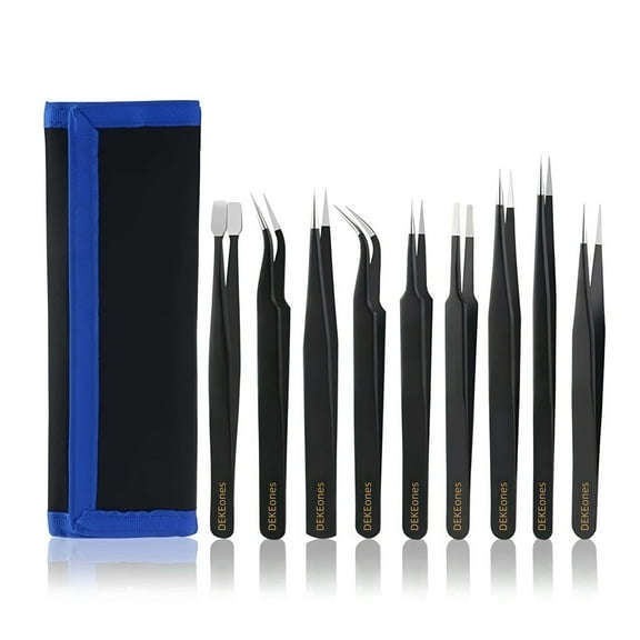 DEKEones Precision Tweezers Set, 9 PCS ESD Tweezers Set, Anti-Static Stainless Steel Tweezers Kit, Multi-standard Stainless Steel Tweezers for Lab, Electronics, Jewelry and Detailed Work