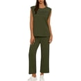 thumbnail image 3 of Women's Elastic Waist Shorts Set with Soft Stretchy Fabric, Straight Leg Shorts for Women, Casual Summer Outfit, Beach Lounge Activewear, Womens | VerBelle,Army Green 2XL, 3 of 8