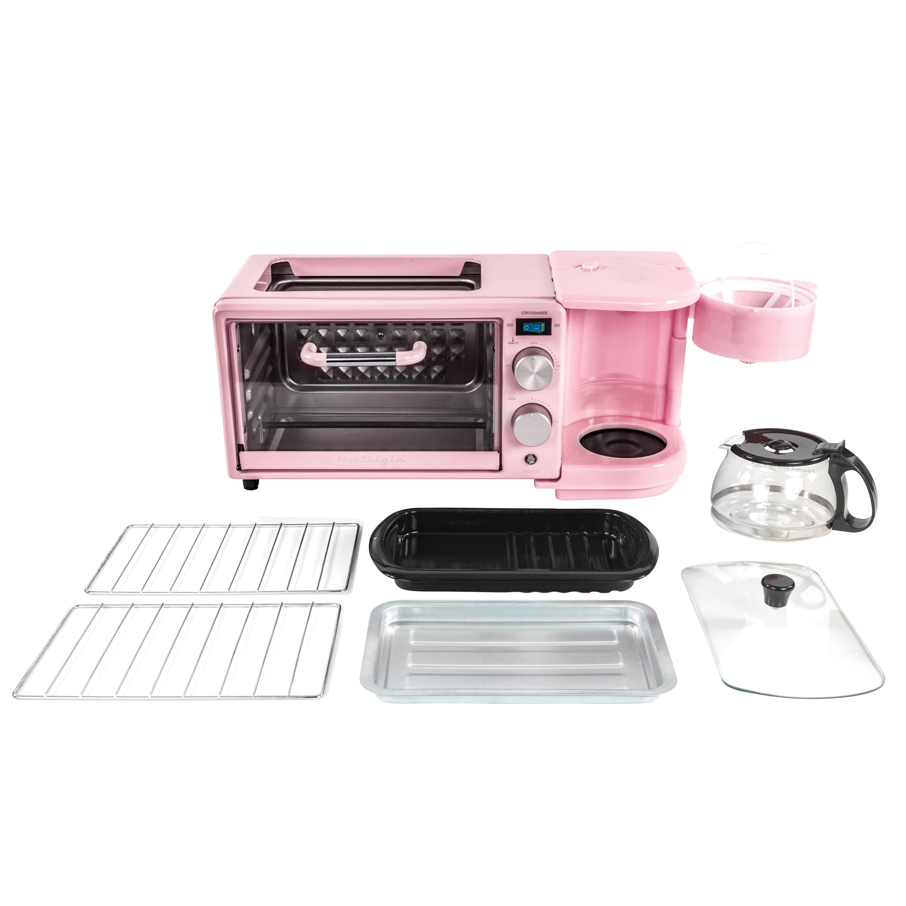 Nostalgia 3-in-1 Retro Breakfast Station - Includes 5 Cup Coffee Maker, Non-Stick Ceramic Griddle, and 4-Slice Toaster Oven - Built-In Timer, Reusable Coffee Filter, Space-Saving Design - Pink
