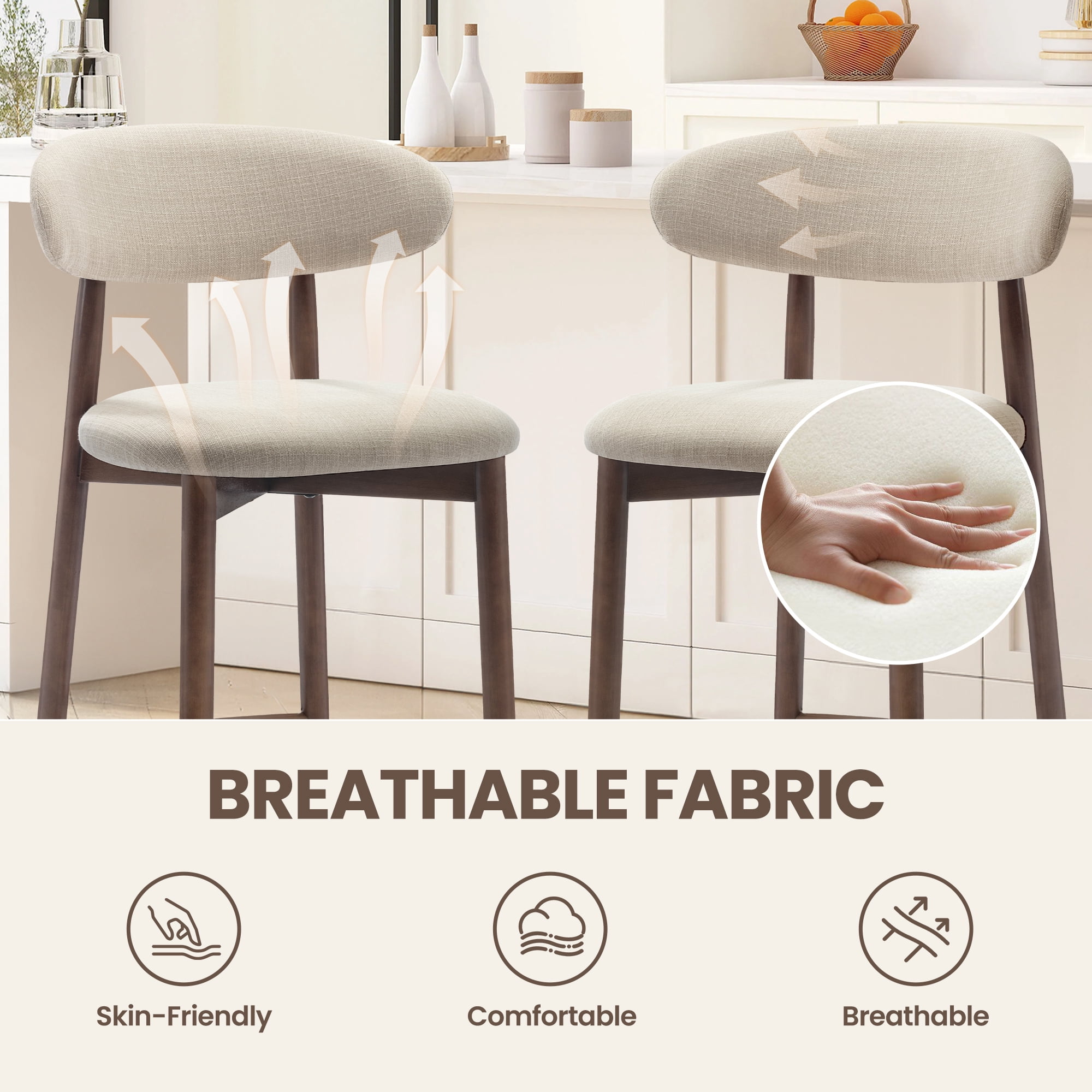 Mid Century Modern Kitchen Bar Stools Set of 2, Counter Height Stools with Curved Back and Wooden Frame,Upholstered Seat Beige