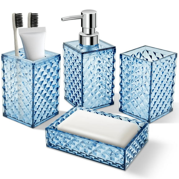 Green Bathroom Accessories Set 4 Pcs with Lotion Soap Dispenser, Acrylic Soap Dispenser and Toothbrush Holder Set for Bathroom Counter Sink, Modern Bathroom Decor