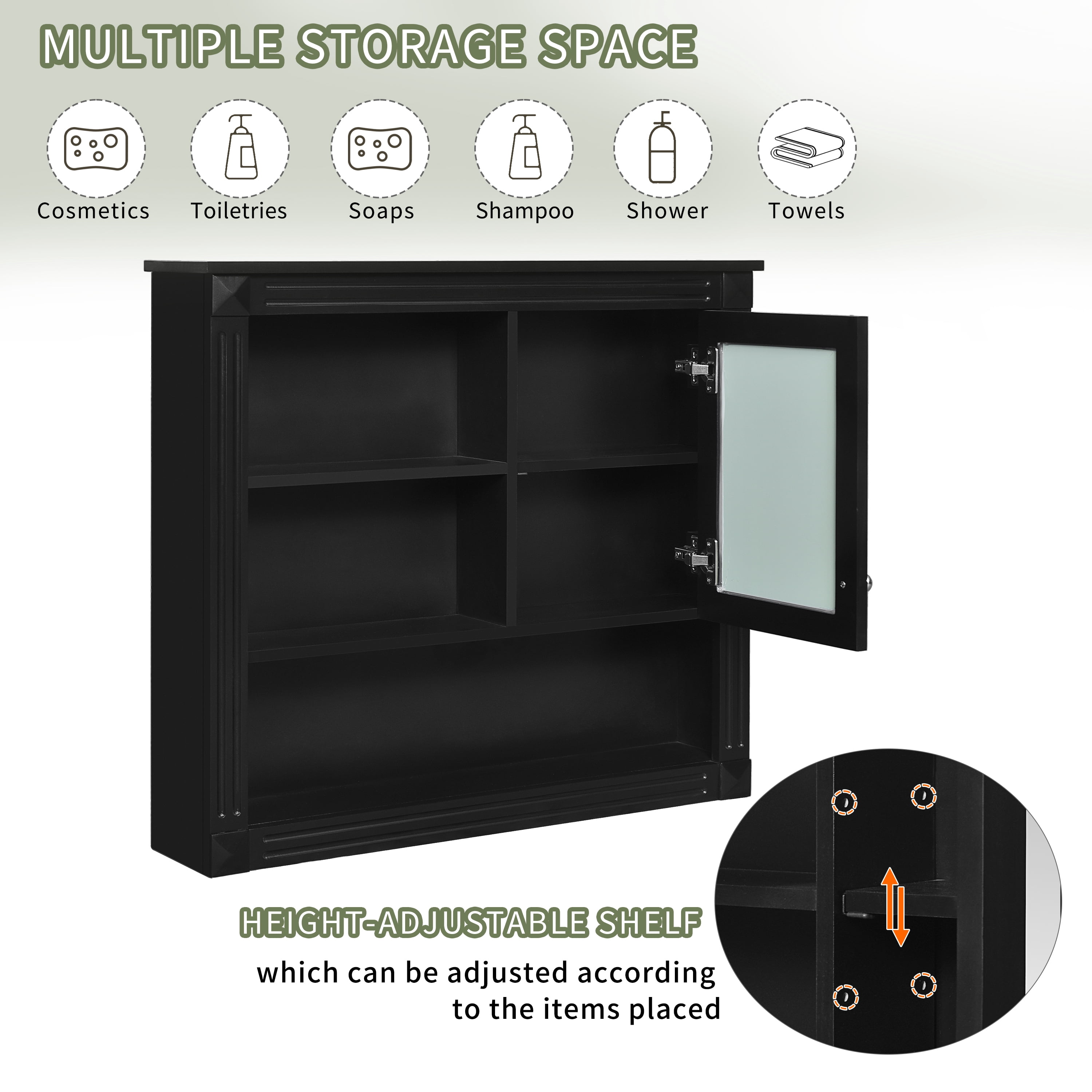 Euroco Wall Mounted Medicine Cabinet, Mirrored, MDF, Glass, 36'' x 17'' x 8'', Black