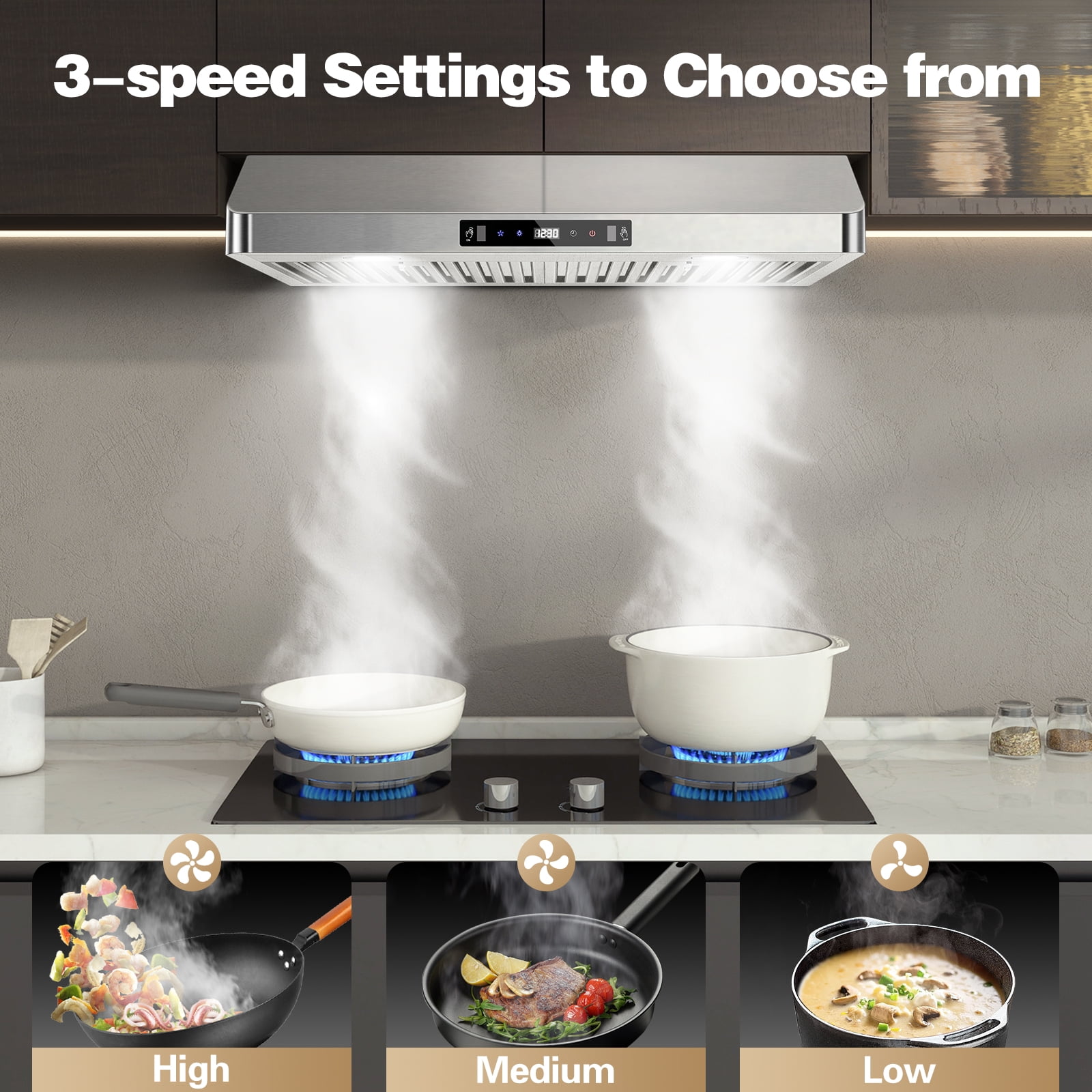 30" Under Cabinet Stainless Range Hood 700CFM 3-Speed,LED Light Touch/Gesture/Remote Control