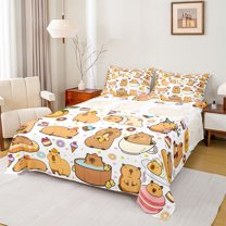 jejeloiu Cute Capybara Queen Sheet Sets,Kawaii Stars Loves Print Bed Set For Girls Boys 4-Piece