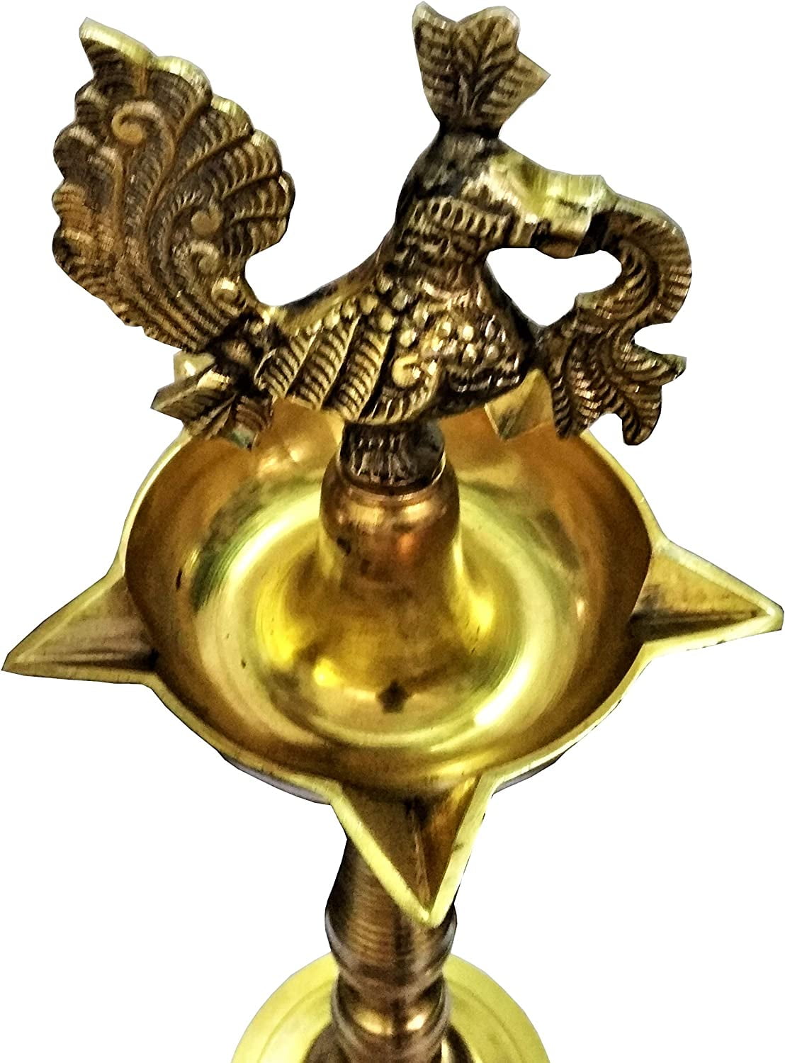 Purpledip Brass Oil Lamp Kuthu Vilakku: Inauguration Festival Diya Peacock Design, 16 Inches (11314)