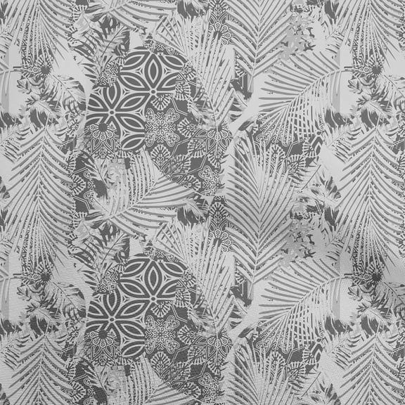 oneOone Polyester Spandex Gray Fabric Tropical Leaf With Geometrical Sewing Fabric By The Yard Printed Diy Clothing Sewing Supplies 56 Inch Wide