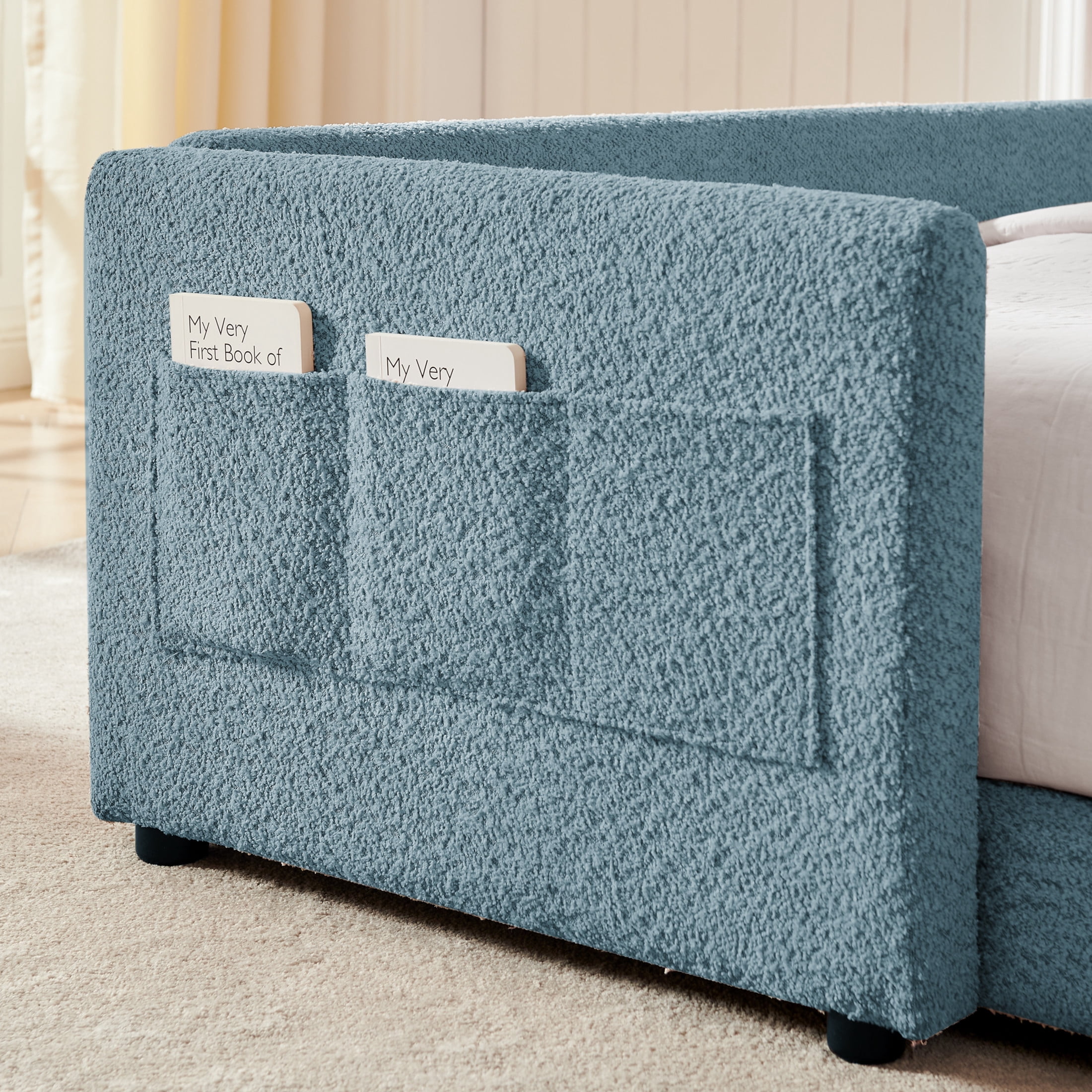 Noble House Ciara Full Boucle Upholstered Platform Bed, Cute Rabbit Ear Headboard Bed with Safety Guardrail, Sky Blue