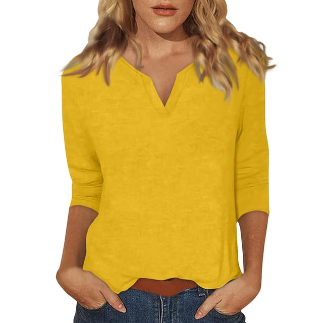 DENGDENG Ladies 3/4 Sleeve Tops Summer Elbow Sleeve T-Shirts Petite V-Neck Casual Blouses Work Three Quarter Length Shirts Spring Business Clothes Yellow S
